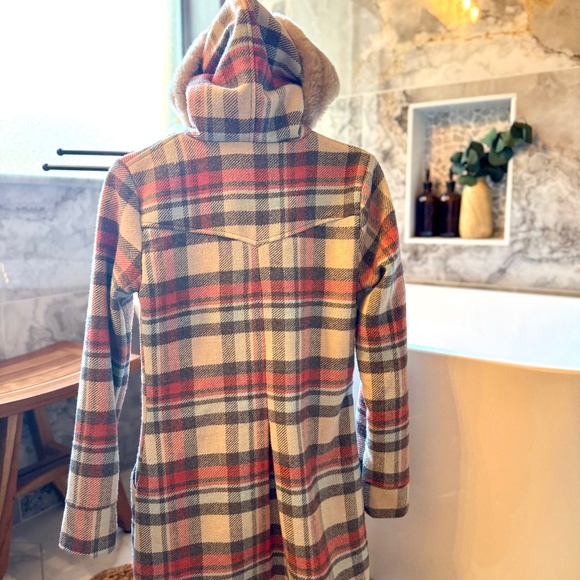 Billabong Plaid Coat Wool Blend Faux Fur Trim Double Breasted Jacket Size - Picture 4 of 8